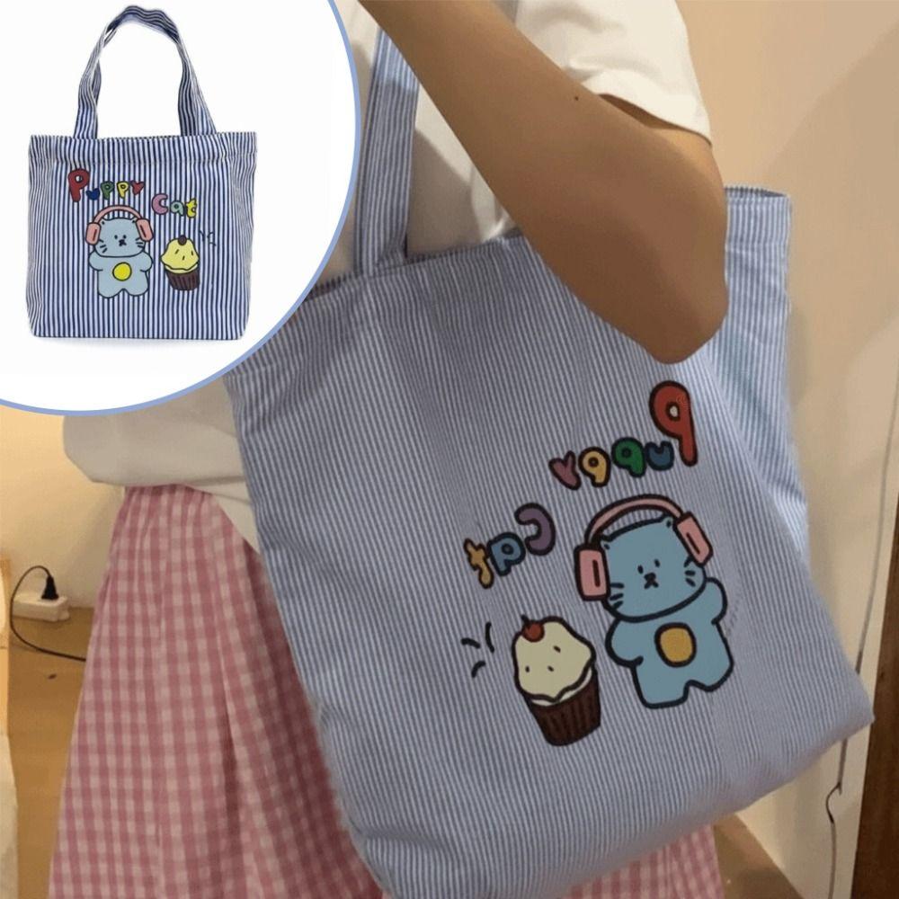 Cute Canvas Cat Paintings Handbags Large Capacity Casual Cartoon Canvas Bag Lightweight Lunch Bag Outing