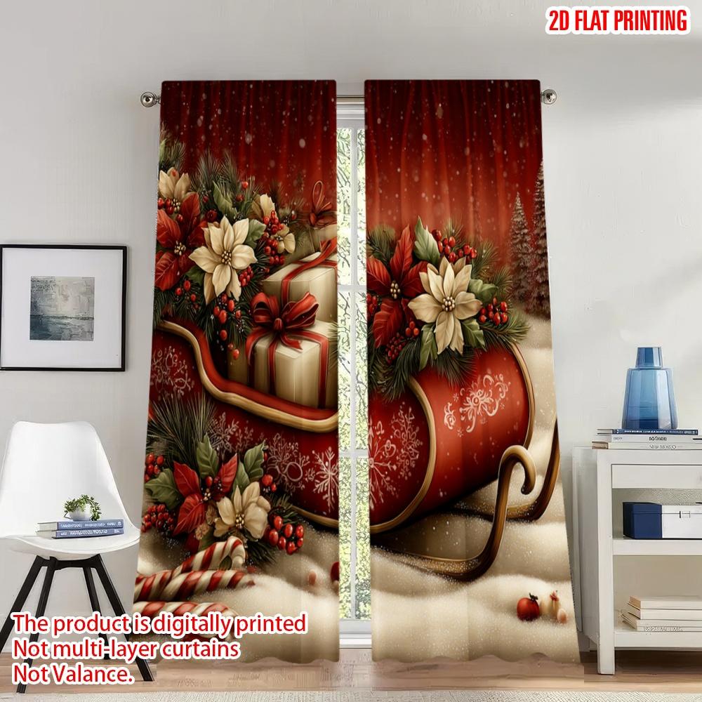 

Set Of 2 Flat Printing Christmas Curtains Sleigh Gifts Festive Digital Printed Polyester Drapes Family Party Use Made W100*H70(CM)-Hooks&2PCS