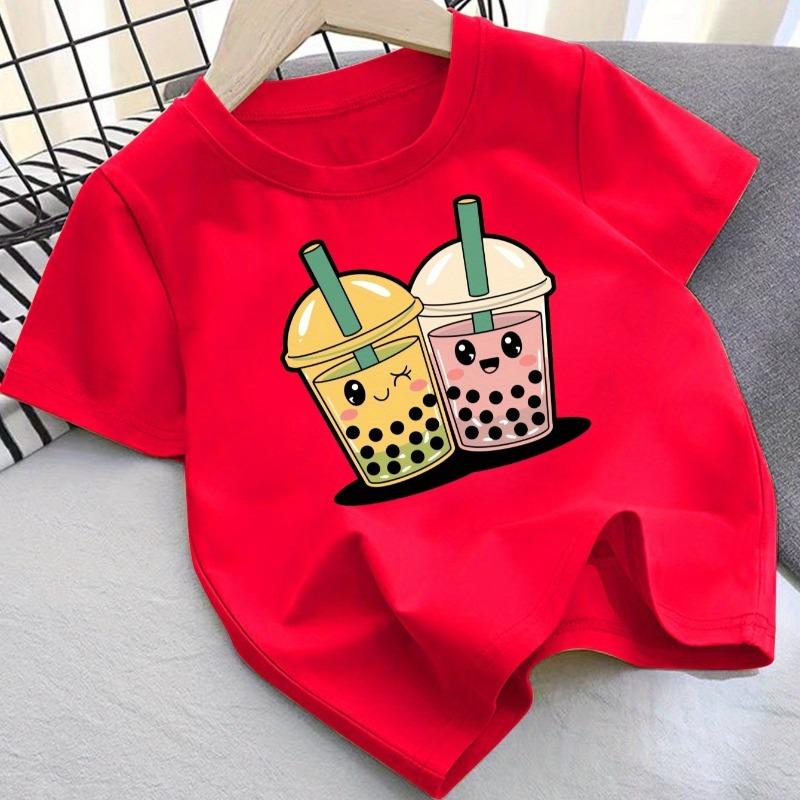 Cute Milk Tea Print Kids Crewneck Tee, Lightweight Comfort Casual Short Sleeve Summer Kids Top