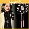 Elegante Bloemenprint Lange Kwastjes Trui Ketting Met Glanzende Strass Steentjes Voor Vrouwen