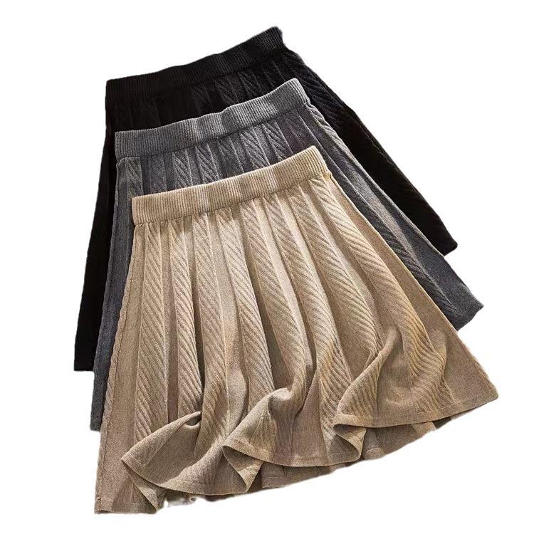 High Waisted Knitted Pleated Short Skirt for Women Spring and Autumn A-line Skirt Knitted Short Skirt
