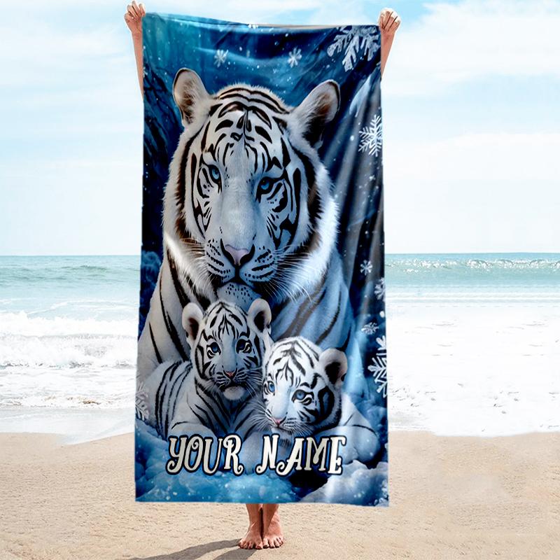 1PC Custom Name Winter Tiger Family Beach Towel Highly Absorbent And Sand-Resistant Towel for Swimming, Pool, Yoga, And Travel Lightweight