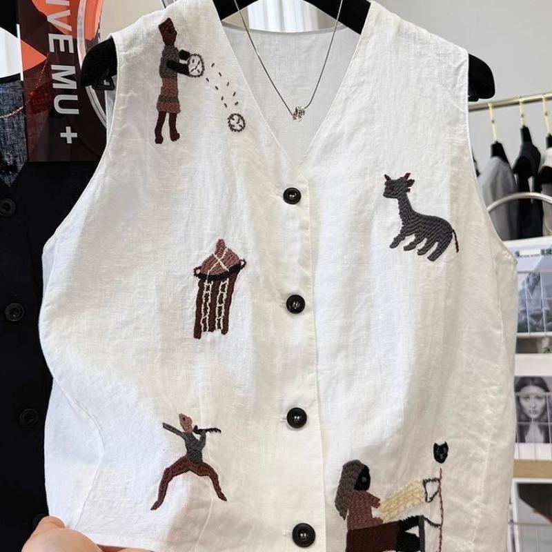 Women Cartoon Character And Animal Embroidered V Neck Button Front Linen Blend Sleeveless Vest