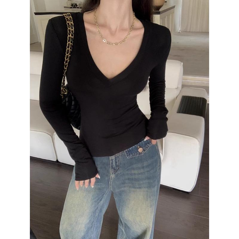 

De Rong Hot Girl Style Long-sleeved Autumn and Winter Temperament Slim Pure Desire Inner Layering Shirt Top for Women XL чорний