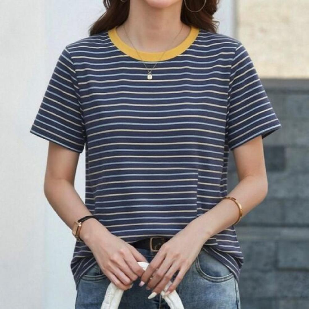 Navava Women Casual Daily STripe Round Neck ShorT Sleeve T shirT nT3347
