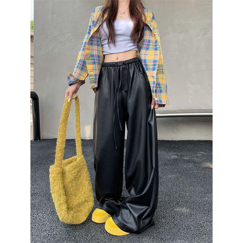 

Кожаные брюки в американском стиле, повседневные женские осенние, с высокой талией, прямые, свободные, на резинке, с карманами, доступные брюки с широкими штанинами M чёрный