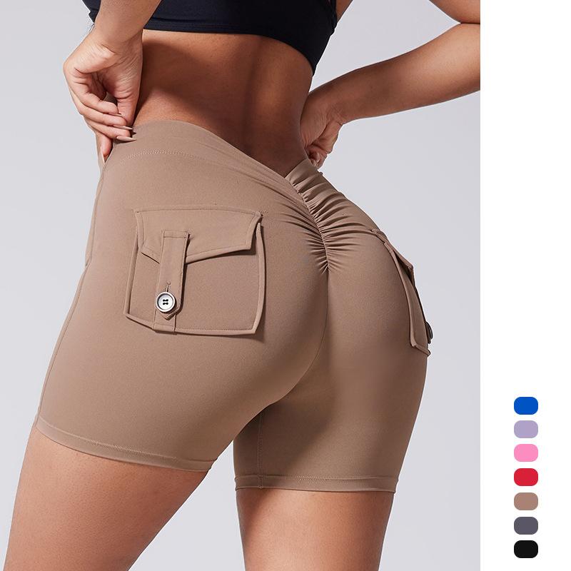 Yoga Shorts Women Pocket Scrunched Butt Gym Leggings High Waist Push Up Booty Sports Shorts Fitness