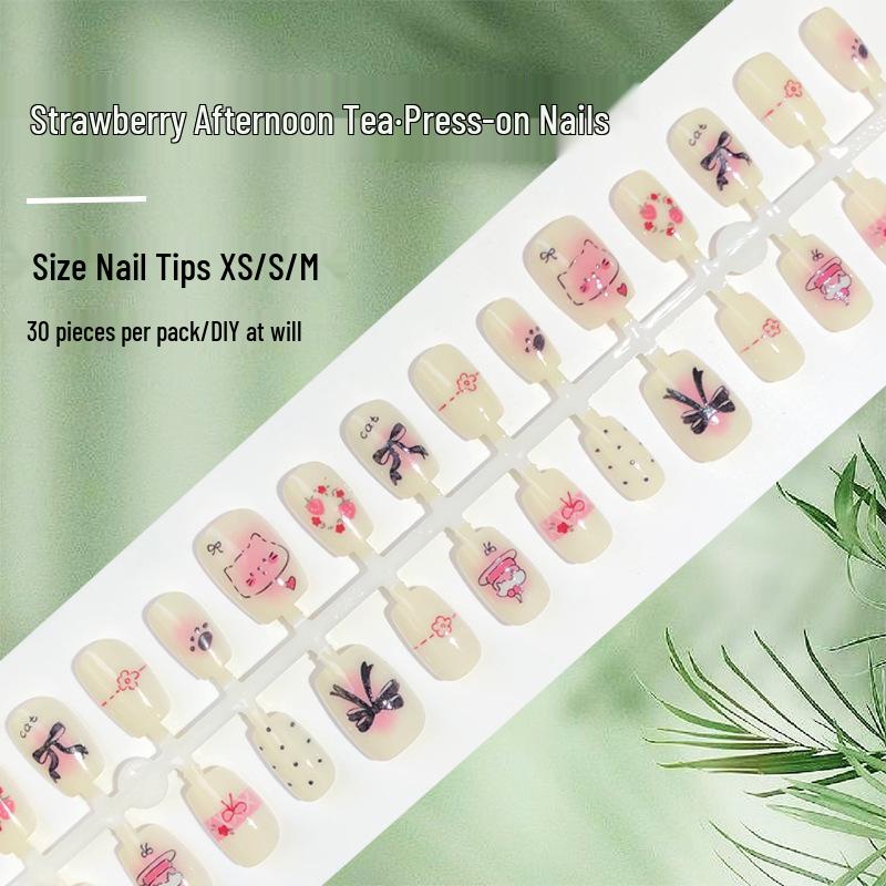 

Strawberry Cake Nails: Sweet Kitten Black Bow & Flowers Art Set [30 Patches]