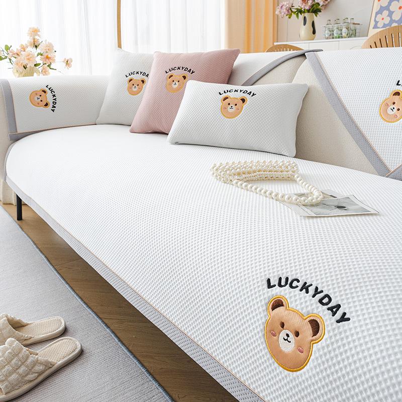 Simple Cartoon Bear Sofa Cushion Summer Seat Cushion Backrest Towel Non-Slip Wear-Resistant Sofa Cover Towel