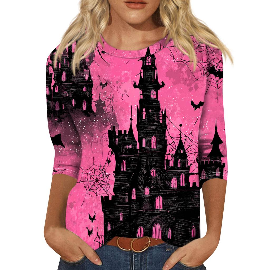 Women’s Halloween Print Crew Neck Three Quarter Sleeve Casual Top with and Bat Graphic for Holiday and Everyday Wear