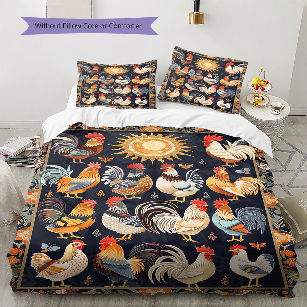 Vintage Chicken Art Pattern Bedding Quilt Set Quilt Cover Pillowcase Home Decoration Gift (1 * duvet cover + 2 * pillowcase, without core)