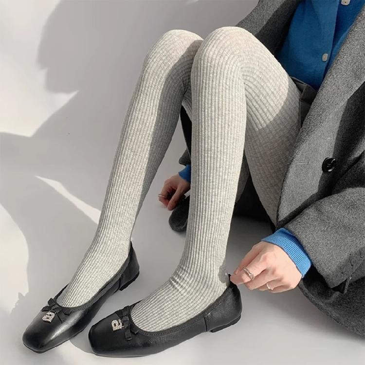 Women Solid Color Thicken Cotton Pantyhose Ribbed Knit Striped Sweater Tights