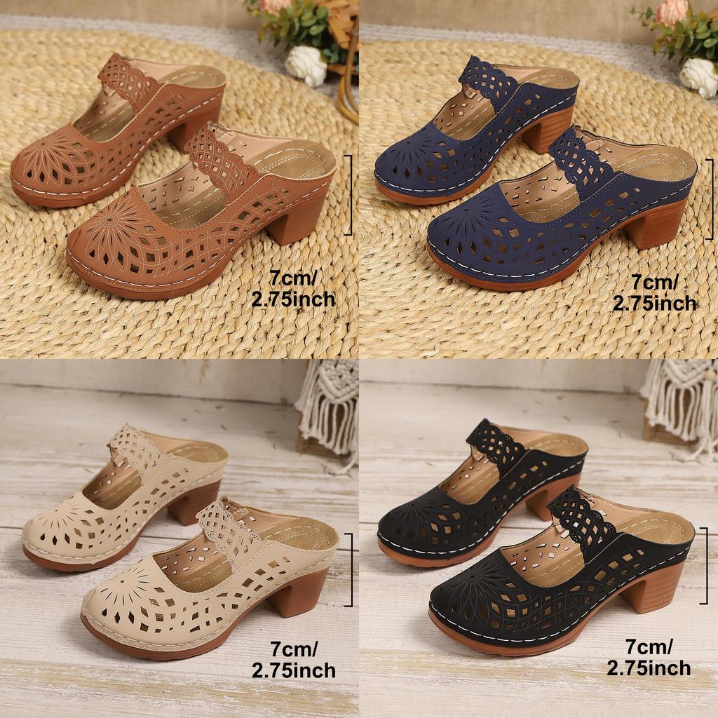 Womens Peep Toe Chunky Heel Mules With Pu Upper For Summer Wear