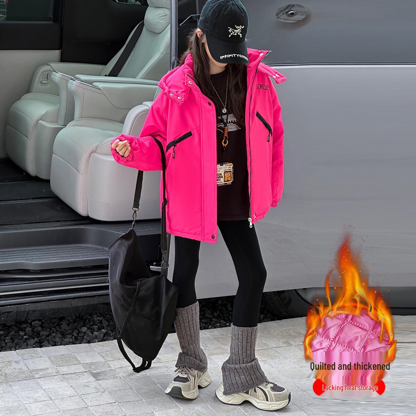 

Winter 2025 Girls Hooded Quilted Jacket: Trendy, Thick, and Warm Cotton Windbreaker 150 cm
