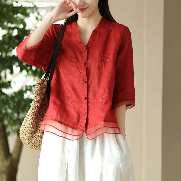 New retro cotton and linen shirt women's literary cardigan embroidered shirt temperament splicing design sense thin top