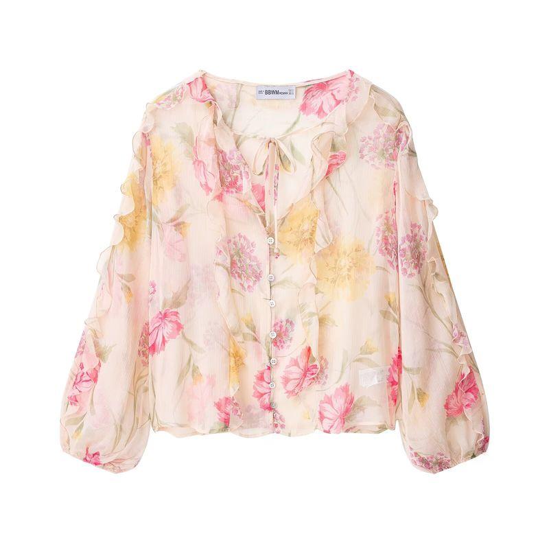 

Araltay New Arrival Fashion Style Women s Fashion All-Match Minimalist Flower Print Translucent Shirt 8652111 Color L