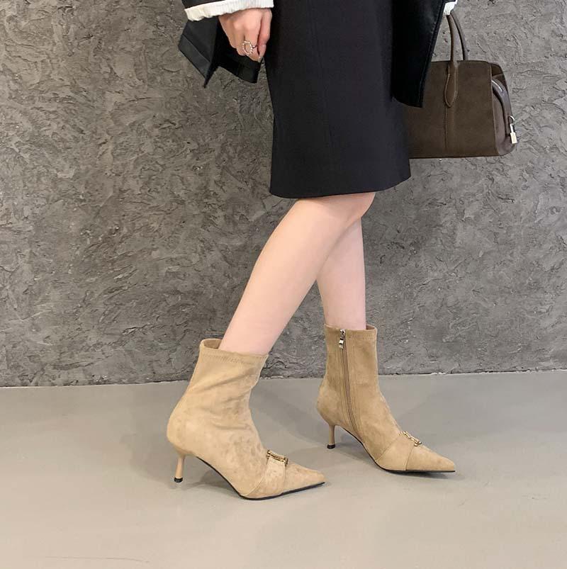 2025 Autumn and Winter New Retro High-heeled Short Boots Women's Thin-heeled Metal Buckle Martin Boots Suede Temperament Elastic Thin Boots