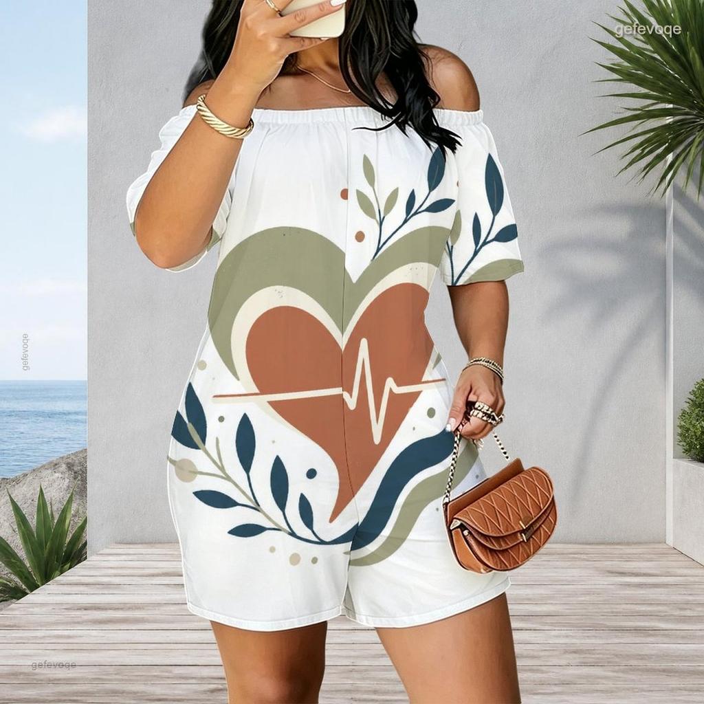 Women Plus Size Off Shoulder Short Sleeve Romper Retro Leopard Animal Print Casual Jumpsuit Shorts