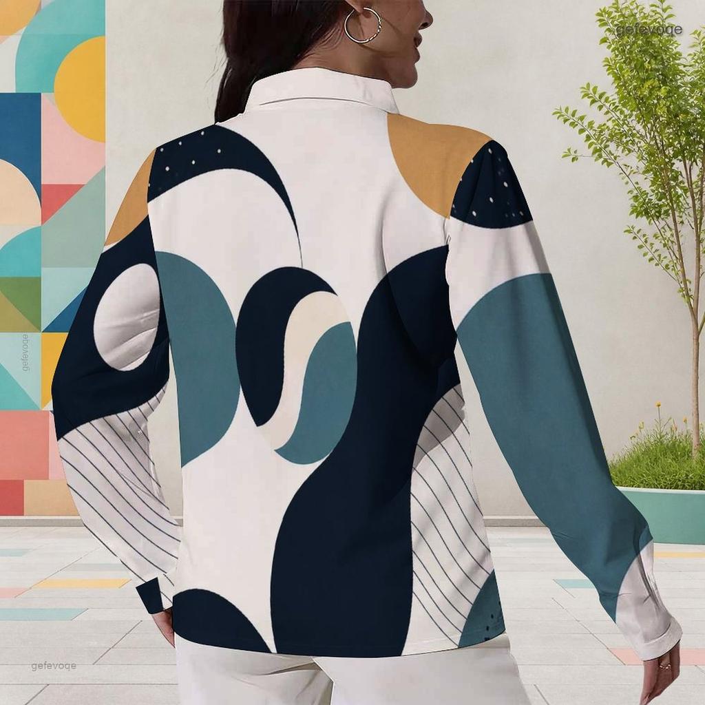 Women Plus Size Collared Neck Long Sleeve Geometric Printed Button Front Curved Hem Shirt