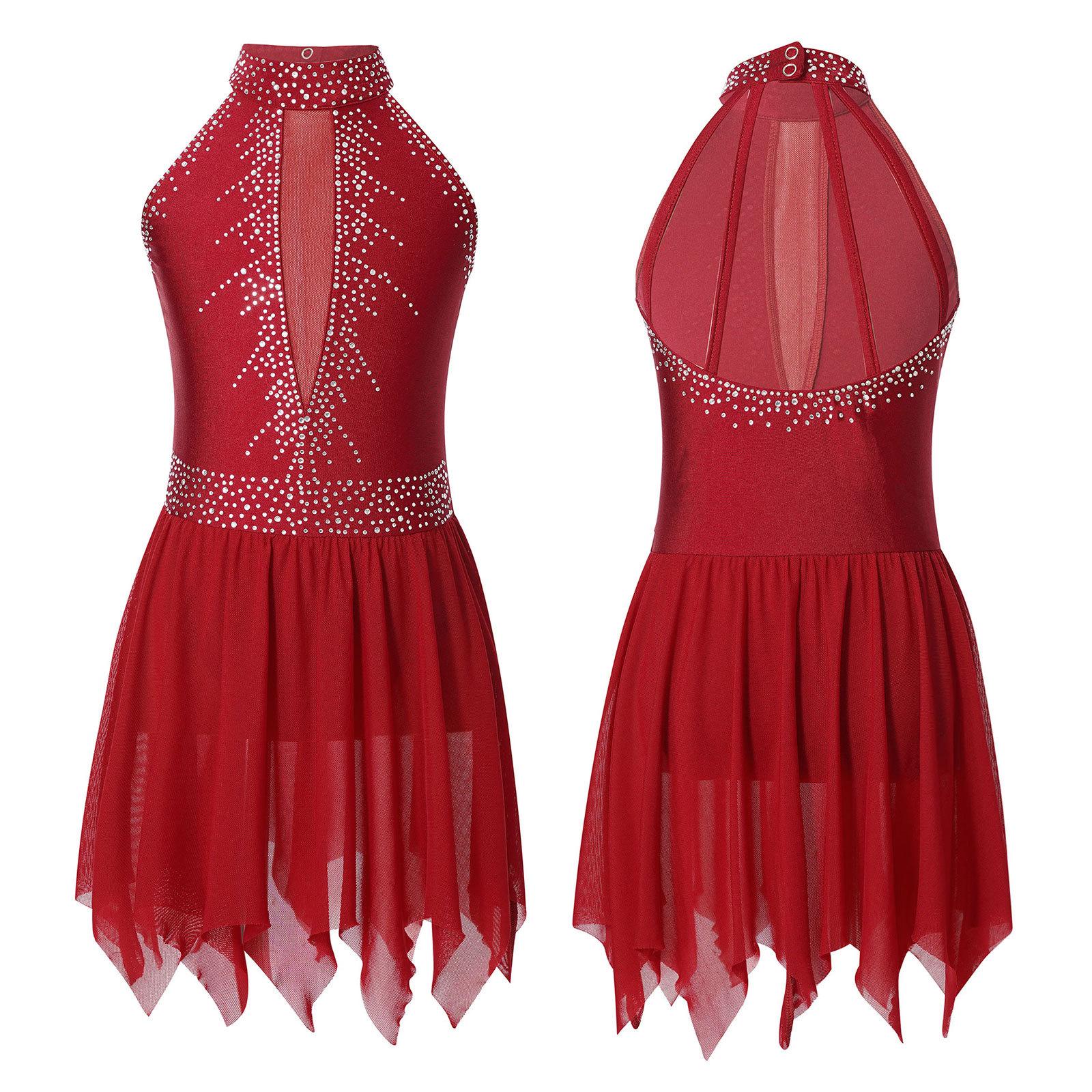 

Дитяча сукня-ліричний сучасний танцювальний костюм для дівчаток без рукавів зі стразами на ковзанах і горловиною на ковзанах 5-6 Years бордовий