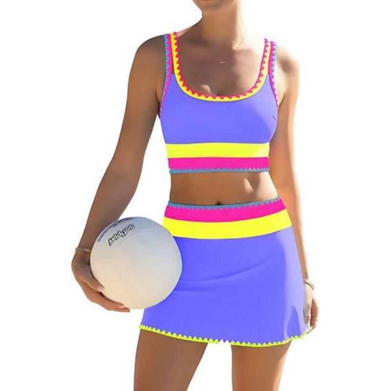 

New Swimsuit Skirt Three-piece High-waisted Bikini Women s Contrasting Color Split Serrated Edge Vacation Swimsuit Set XXL фіолетовий