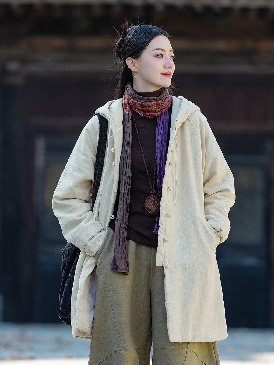 

Johnature Женские винтажные пальто с капюшоном на пуговицах в китайском стиле, зимние однотонные пальто с длинным рукавом One Size бежевый