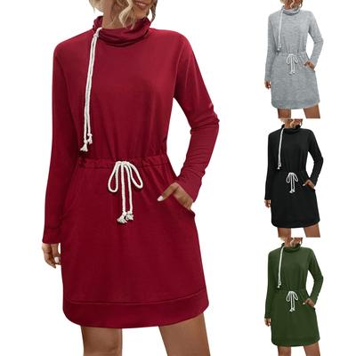 Damen Herbst und Winter Casual Langarm Flor Kragen Taille Gürtel Tasche Hoodie Kleid