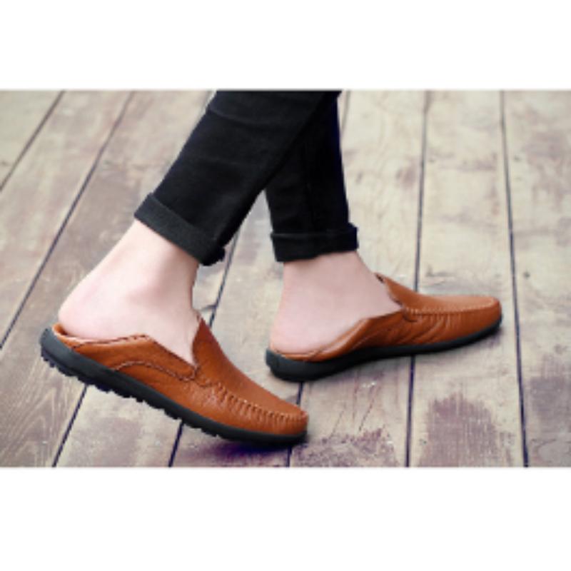 Leder Herren Freizeitschuhe Herren Echtes Leder Herren Atmungsaktive Slipper Schwarz Fahrschuhe Übergröße 37-47