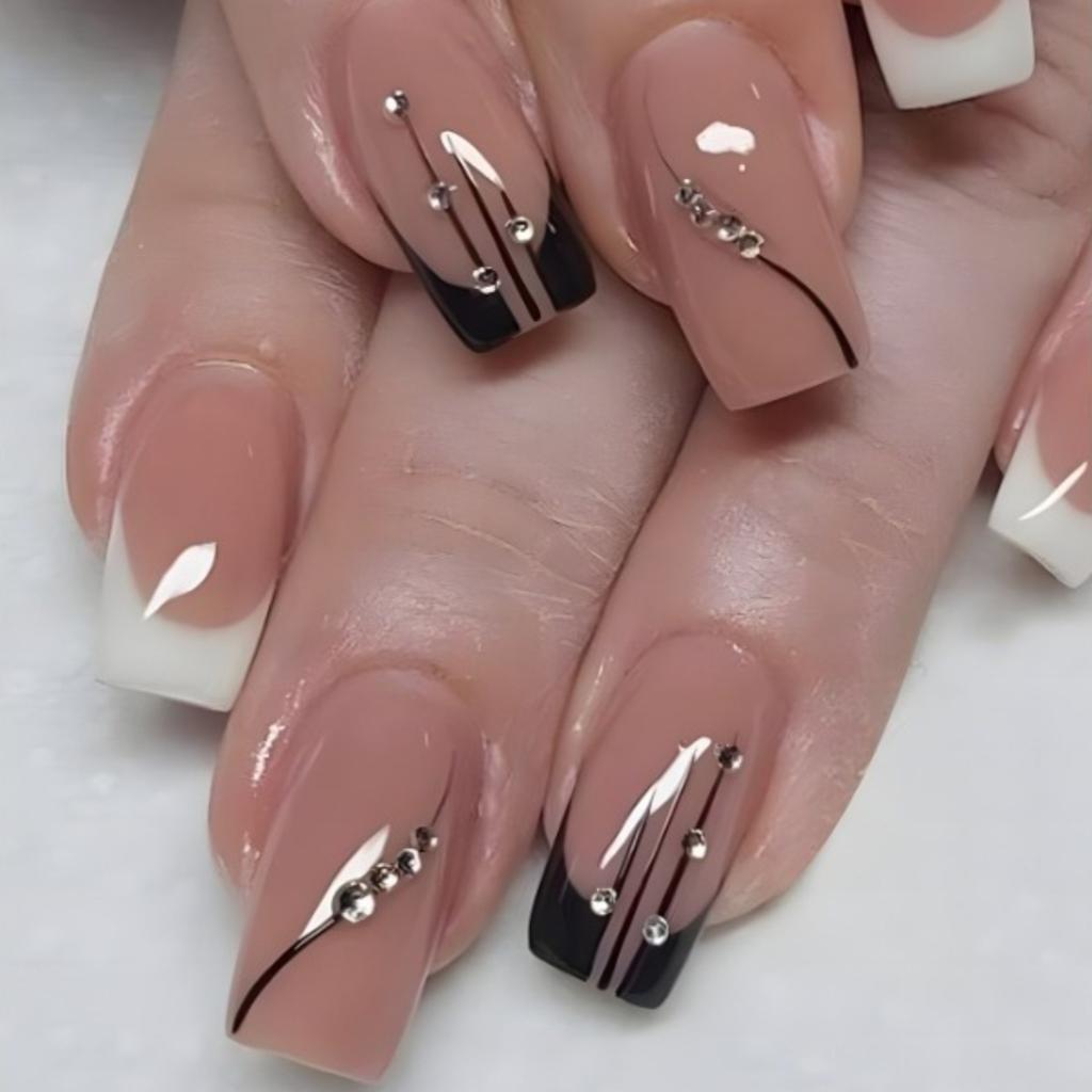 24pcs of Medium And Long French White Lines with Diamond-Encrusted Fingernail Nail Patch Creative Design Nail Patch Perfect Gift for Ladies.
