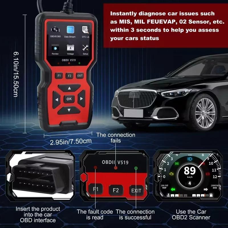 V519 OBD2 Scanner - Handheld Vehicle Inspection and Fault Diagnostic Tester with Live Data, Battery Test, and More - USB Powered