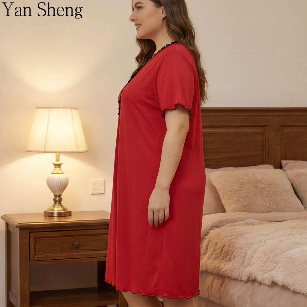 Women Knit Nightgown Red Button Long Robe Plus Size For Fat Girls Loose Home Wear Sleepwear For Night Rest Daily Loungewear