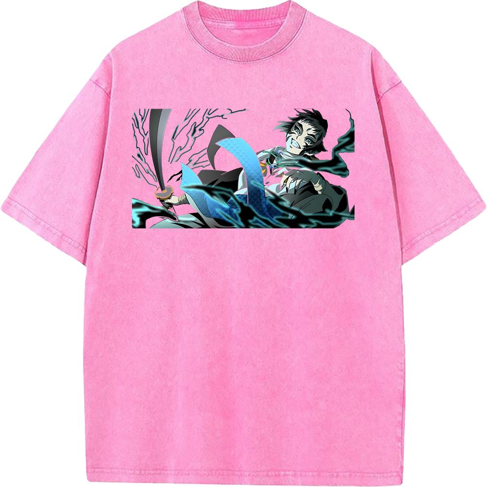 Kaigaku Graphic Washed T Shirt Demon Slayer Anime Tee Men Oversized Cotton Tshirts Harajuku Male Short-sleeve Vintage T-shirt