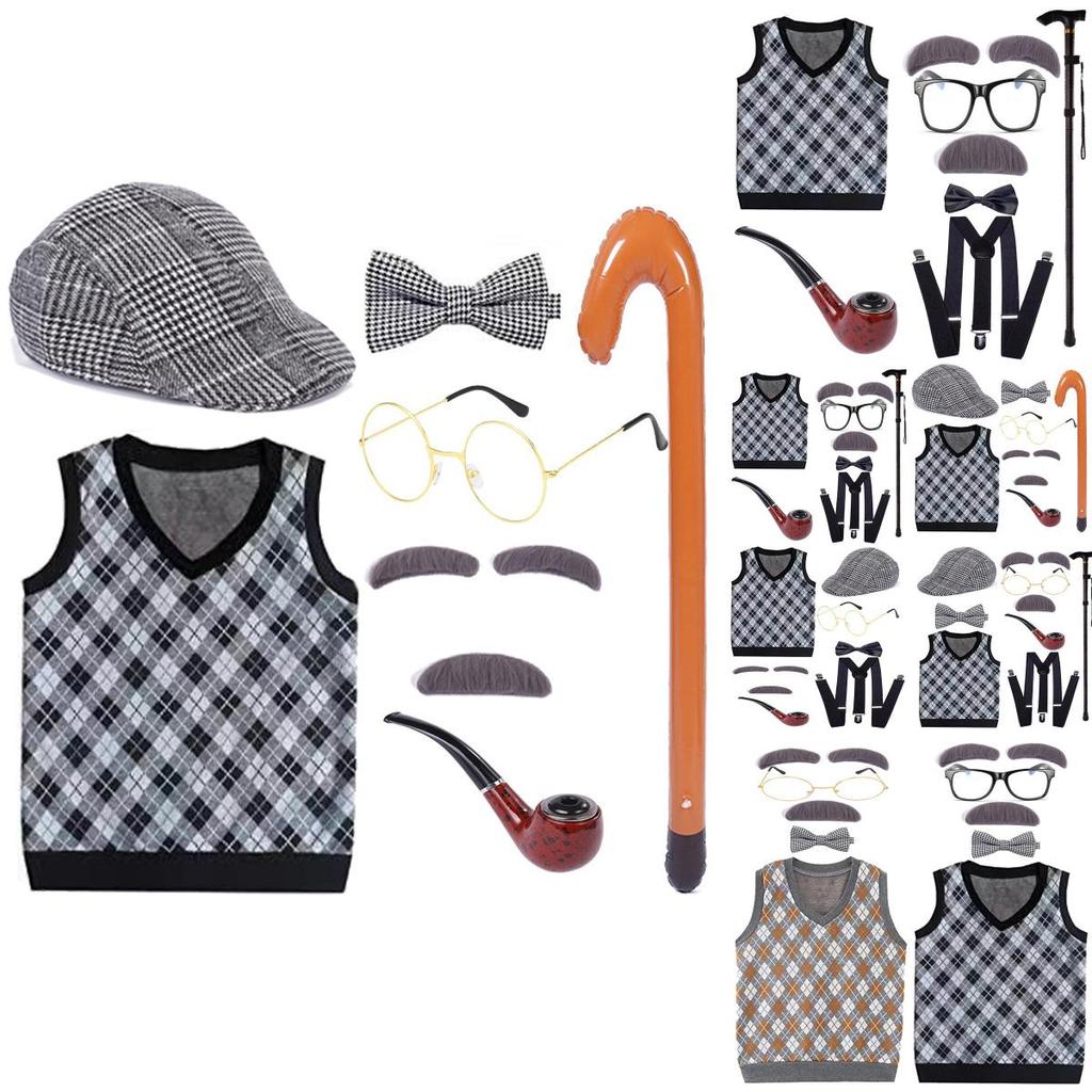 Halloween Costume Set For Kids Featuring Short Black Wig And Grandpa Beard Accessories