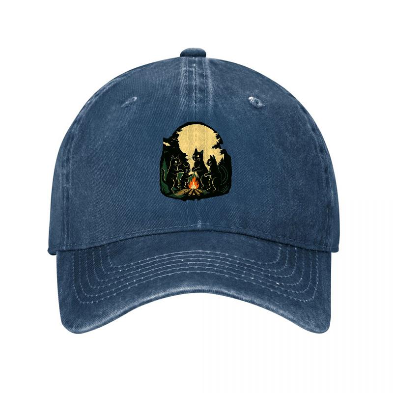 Campfire Night Washed Canvas Baseball Cap Forest Scene Embroidery Hat for Outdoor Nature Lovers