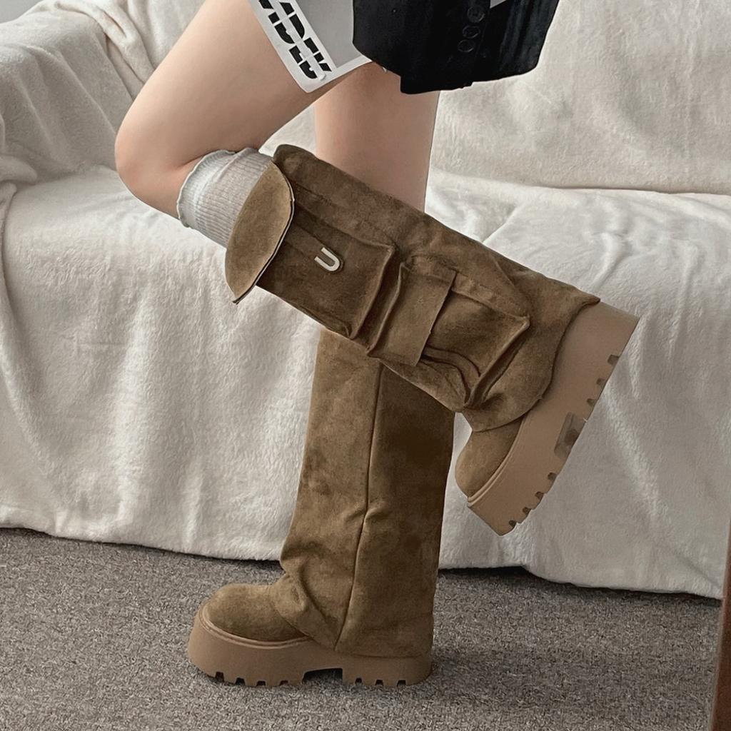 Brown Suede Pocket Flat Platform Knee High Boots Women's Soft Y2K Cool Round Toe Highten Shoes 2025 New in Luxury Designer Shoes