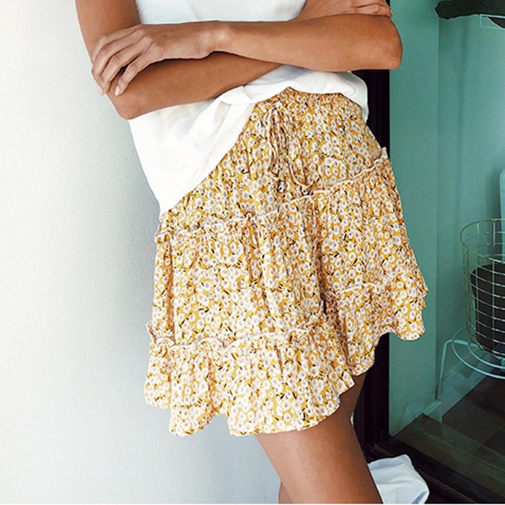 Women Summer Casual High Waist Ruffled Floral Print Beach Short Skirt XL золотой