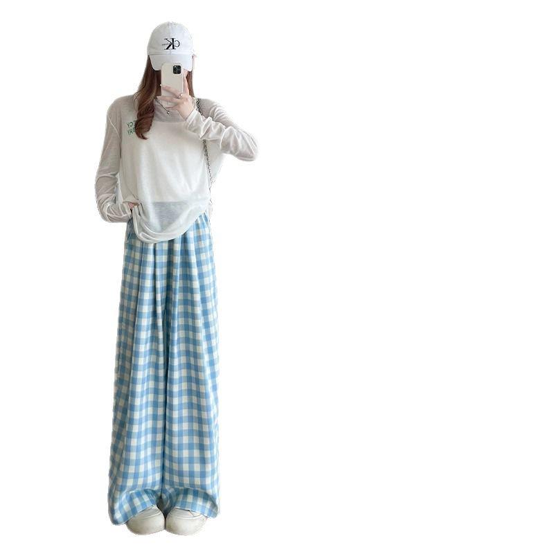 Petite Blue & White Checkered High Waist Summer Pants - Women's Casual Straight Leg Stroll Style