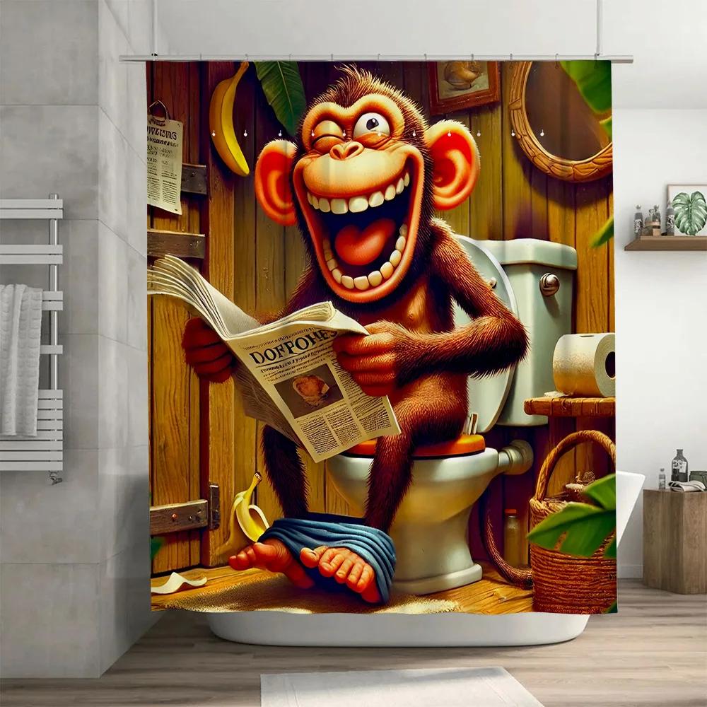 Comical Monkey Reading Toilet Paper Shower Curtain Bathroom Decor 3D Printed Waterproof Home Accessories for Kids' Bathrooms