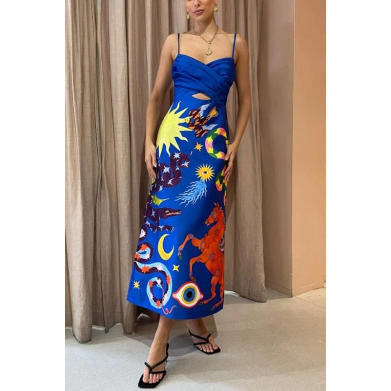 Satin Print Backless Strapless Maxi Dress Women High Waist Sexy Chic Office To Evening Wear Small синий