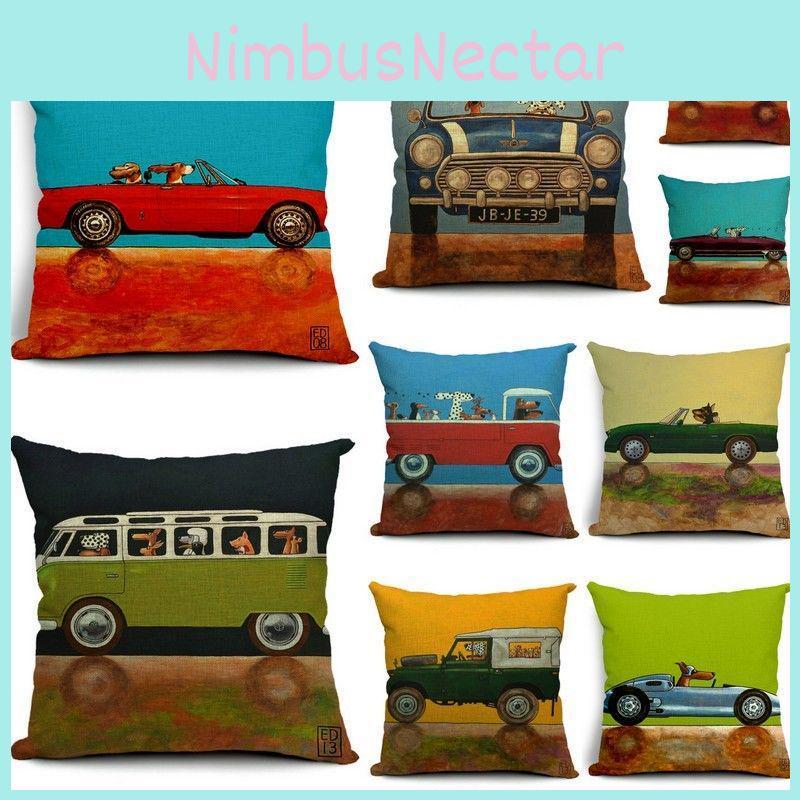 Vintage Car Dog Print Pillow Case In Beautiful Cotton Linen For Stylish Home Decor