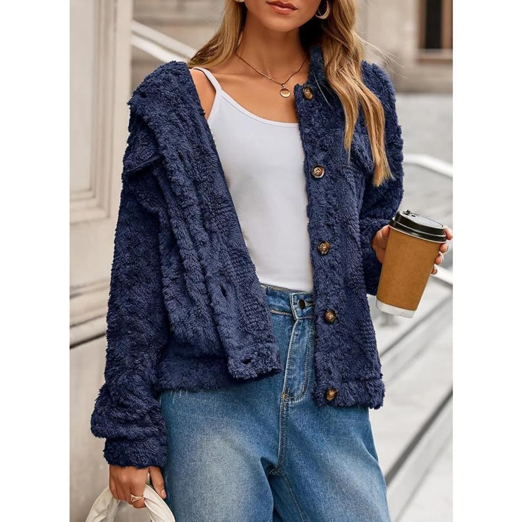 Fall Winter Women's Lapel Fleece Cardigan Long Sleeve Casual Warm Thick Coat For European American