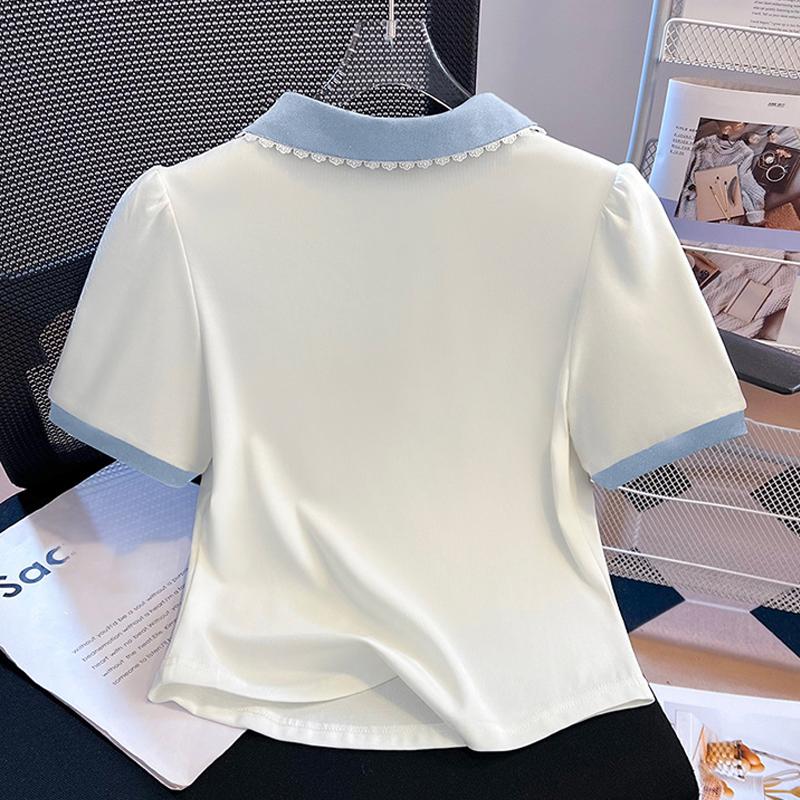 Damen Polo-Kragen Kurzarm T-Shirt Sommer Falsches Zweiteiler Oberteil Bluse