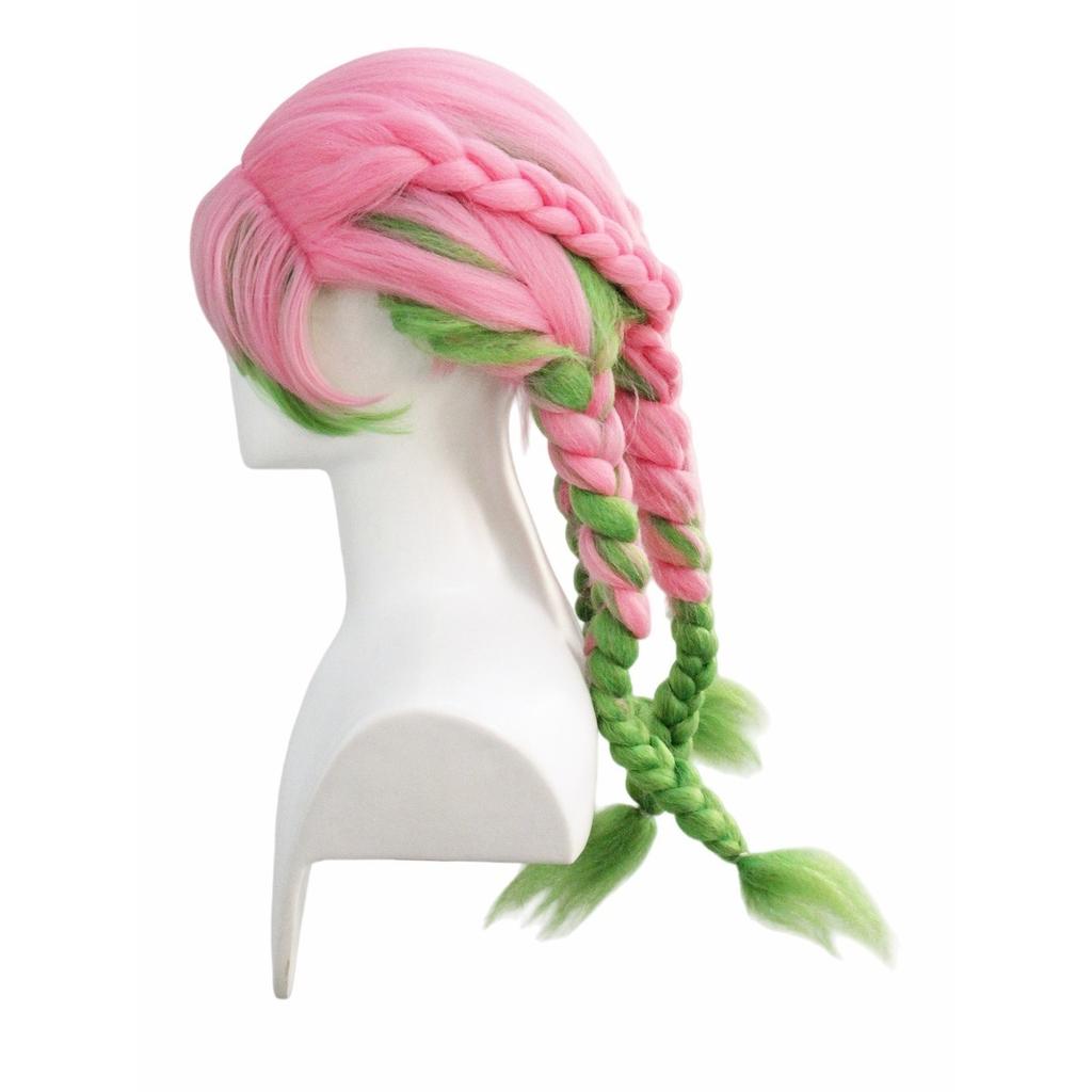 Demon Slayer Kanroji Mitsuri Cosplay Wig|Pink-Green Gradient Double Braids|Anime Role-Play Hairstyle|High-Temp Fiber Synthetic