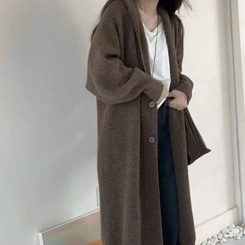 Cozy Hooded Long Knit Cardigan - Thick, Loose Mid-Length Sweater for Autumn/Winter