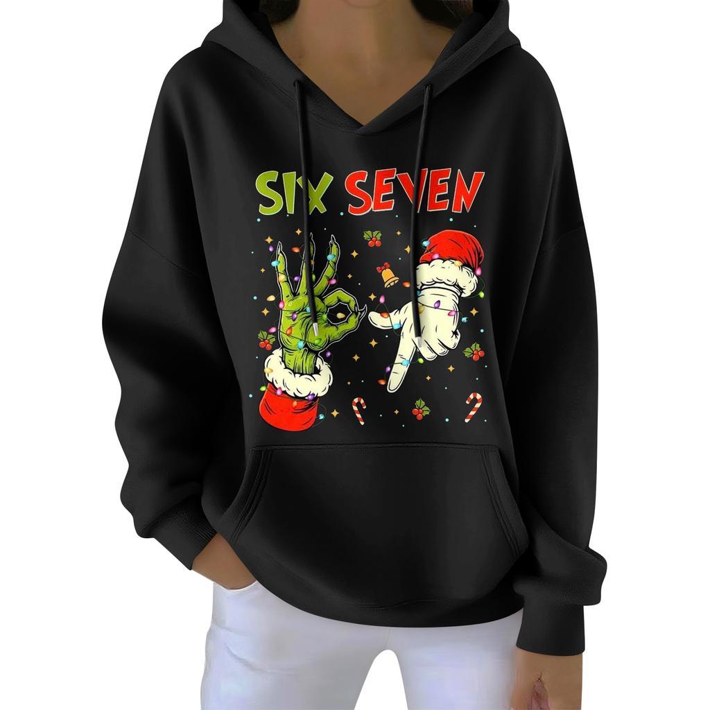 Damenmode Damen Leichter Langarmpullover mit Taschen Preppy Graphic Hoodie