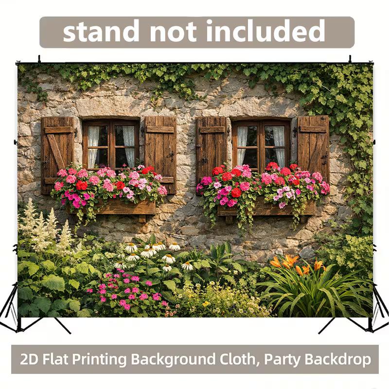 2D Vintage Ivy Wall Backdrop, Countryside Window with Flowers Party Background