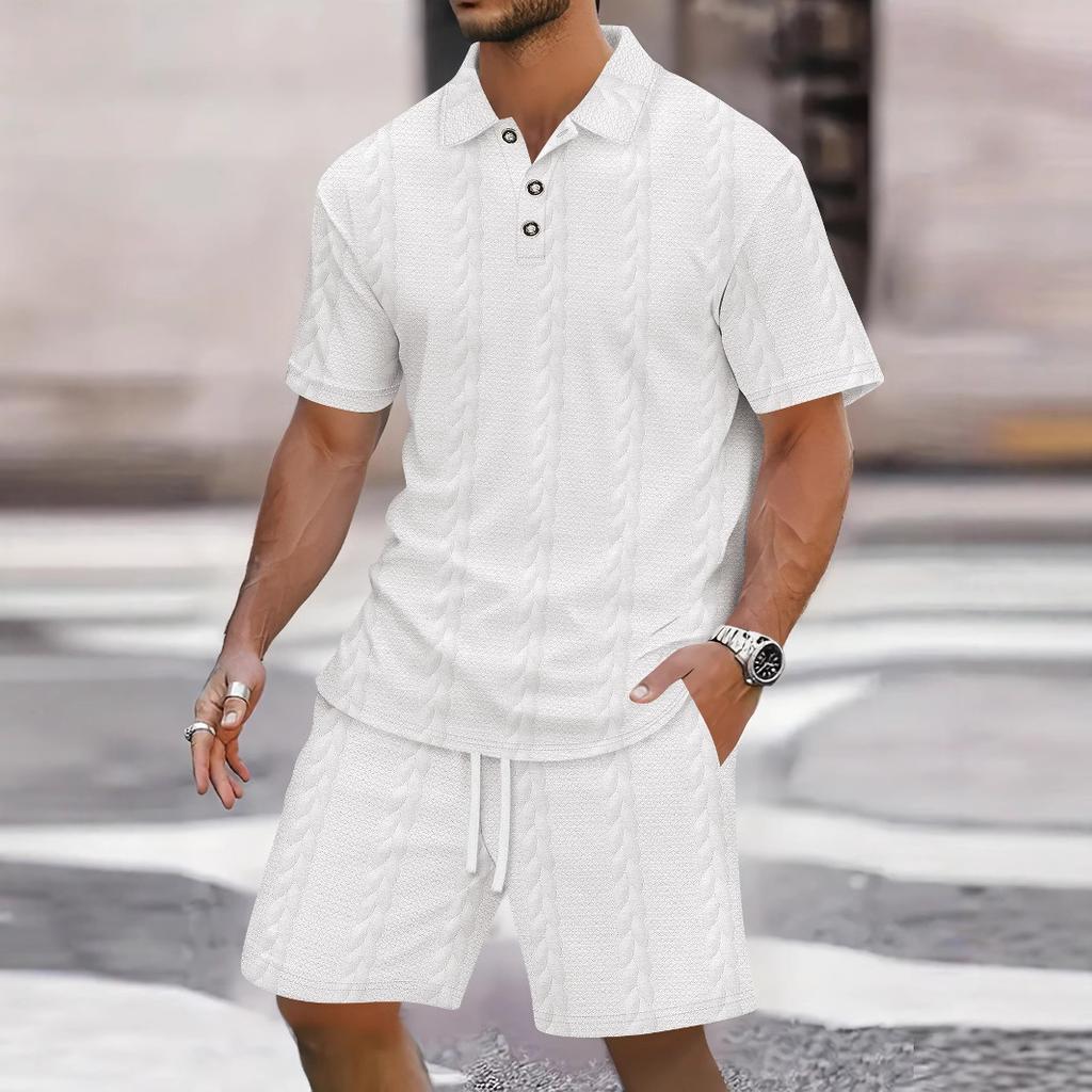 Summer Men's New Jacquard Button Solid Color Lapel Short-sleeved T-shirt Shorts Casual Suit