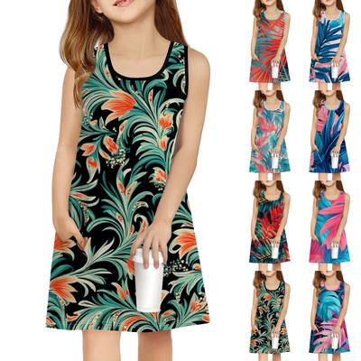 Φόρεμα για κορίτσια, καλοκαιρινό, αμάνικο, τυπωμένο, χρωματιστό, casual φόρεμα με τσέπη