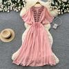 French gentle wind heavy industry embroidery V-neck dress women's summer short sleeves waist thin A word holiday style long dress