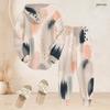 Women Plus Size Two Piece Set Abstract Leaf Printed Hooded Long Sleeve Top Cuffed Pants